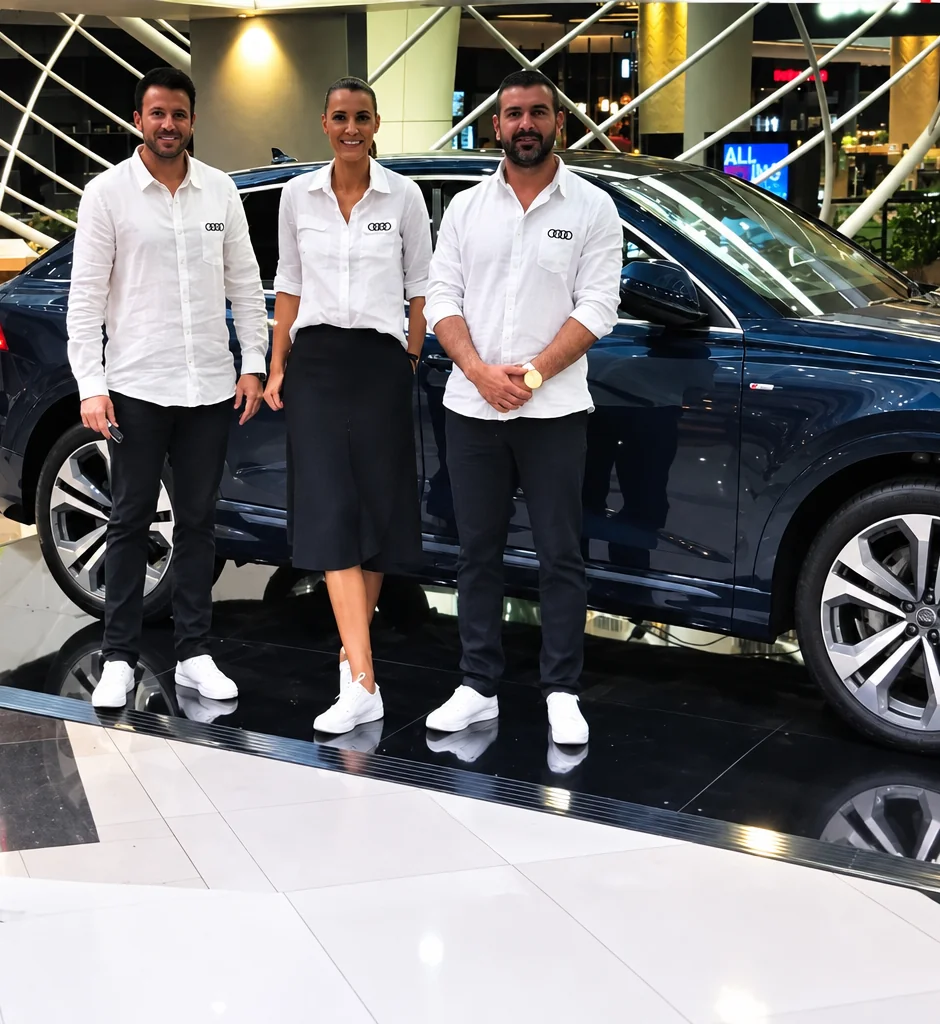 Audi team in white Audi branded shirts beside an Audi on display