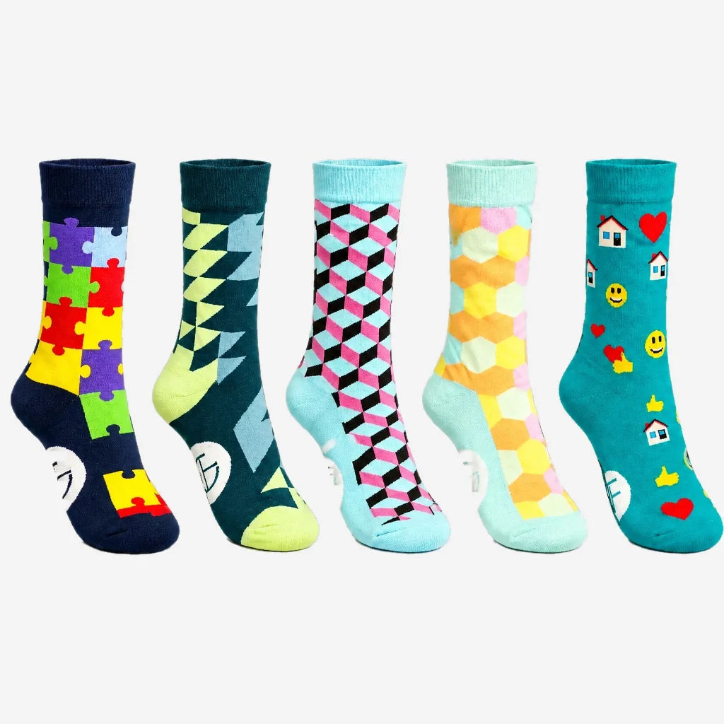 The five editions of CANE Financial's branded Funky Socks
