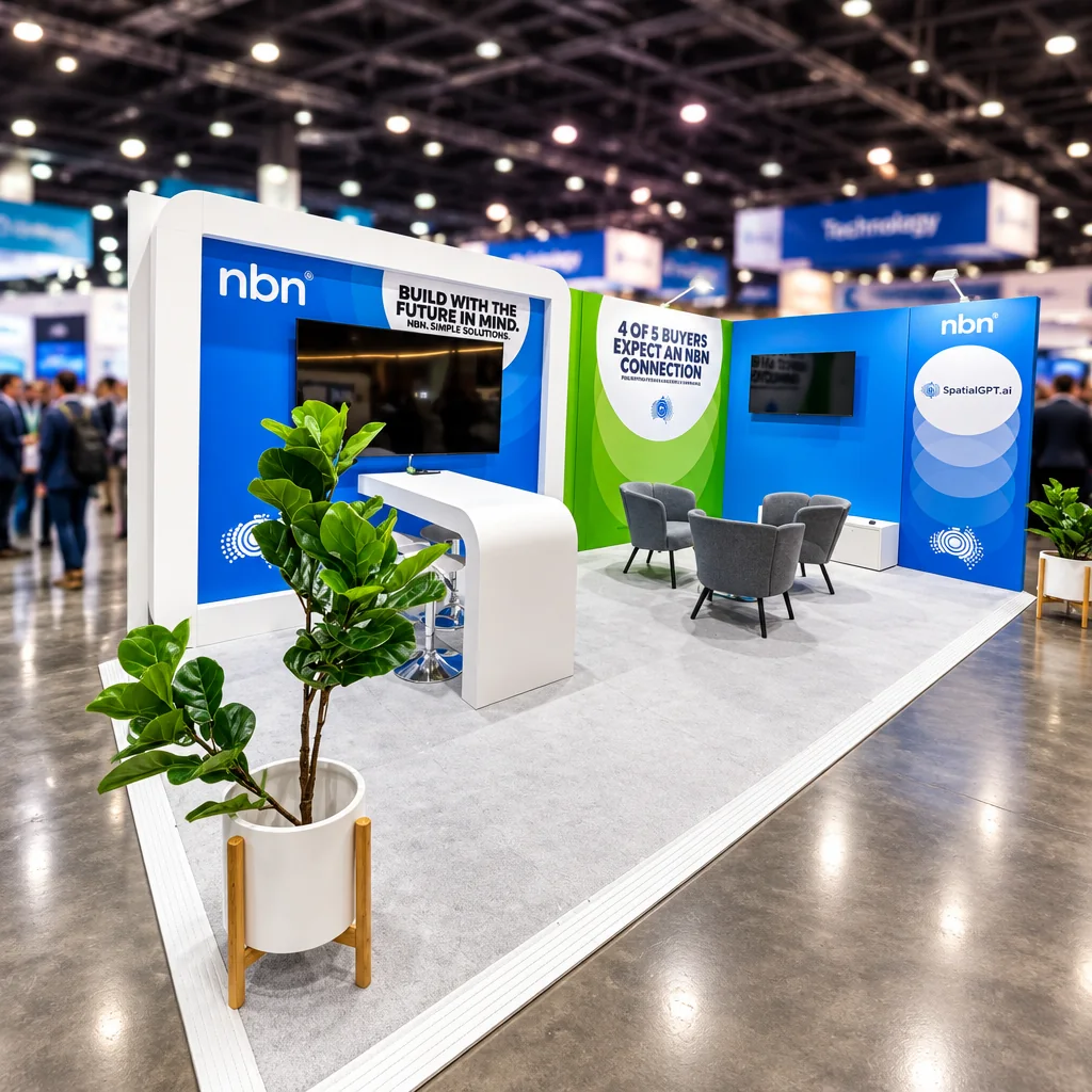 NBN exhibition stand at UDIA Congress 2024 with a curved white counter, screens and lounge seating