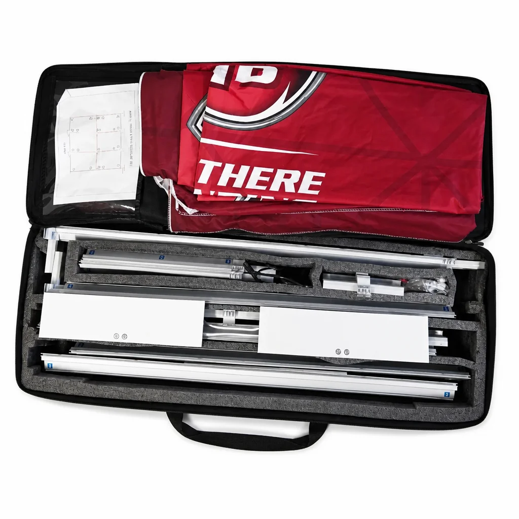 FABriX Backlit system packed in its carry case: fabric print, frame sections, LED light panels and instructions