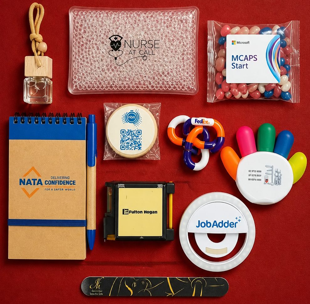 Branded merch flat lay including NBN, Microsoft, FedEx, NATA, Fulton Hogan and JobAdder items