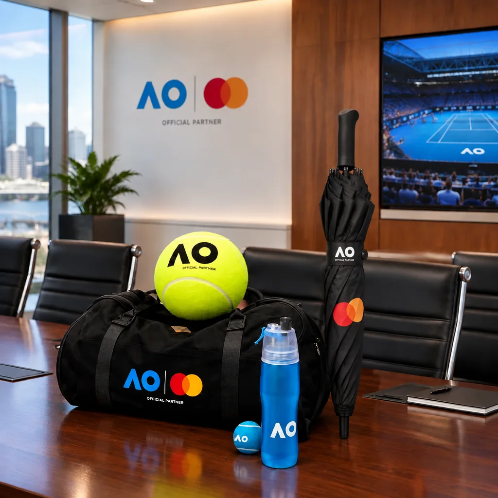 Mastercard and Australian Open guest kit: sports bag, tennis balls, umbrella and drink bottle