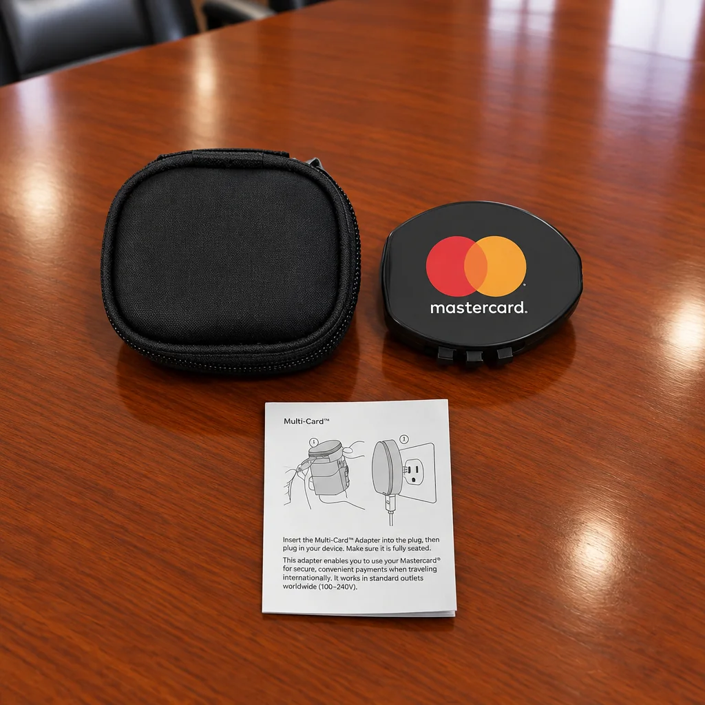 Mastercard branded multi-charger with its travel case