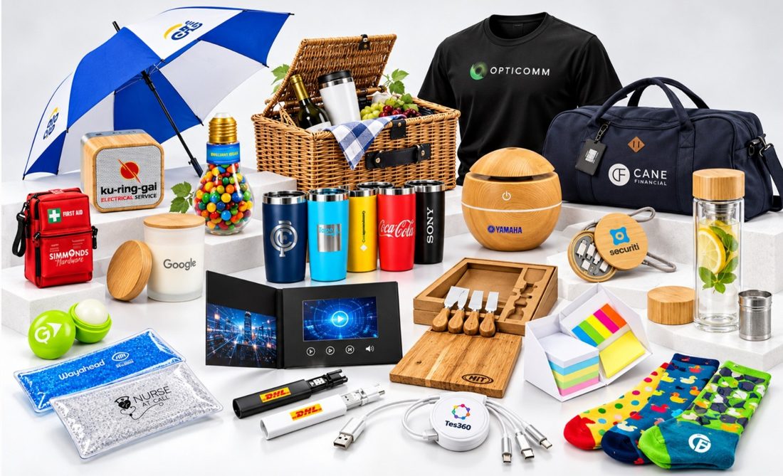 Range of branded merchandise for Opticomm, CANE Financial, Securiti, Tes360 and other clients