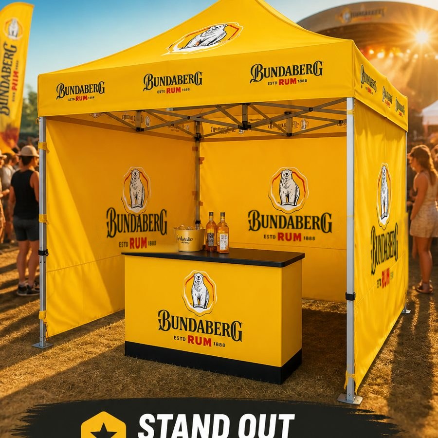 Bundaberg Rum branded marquee and counter at an outdoor festival