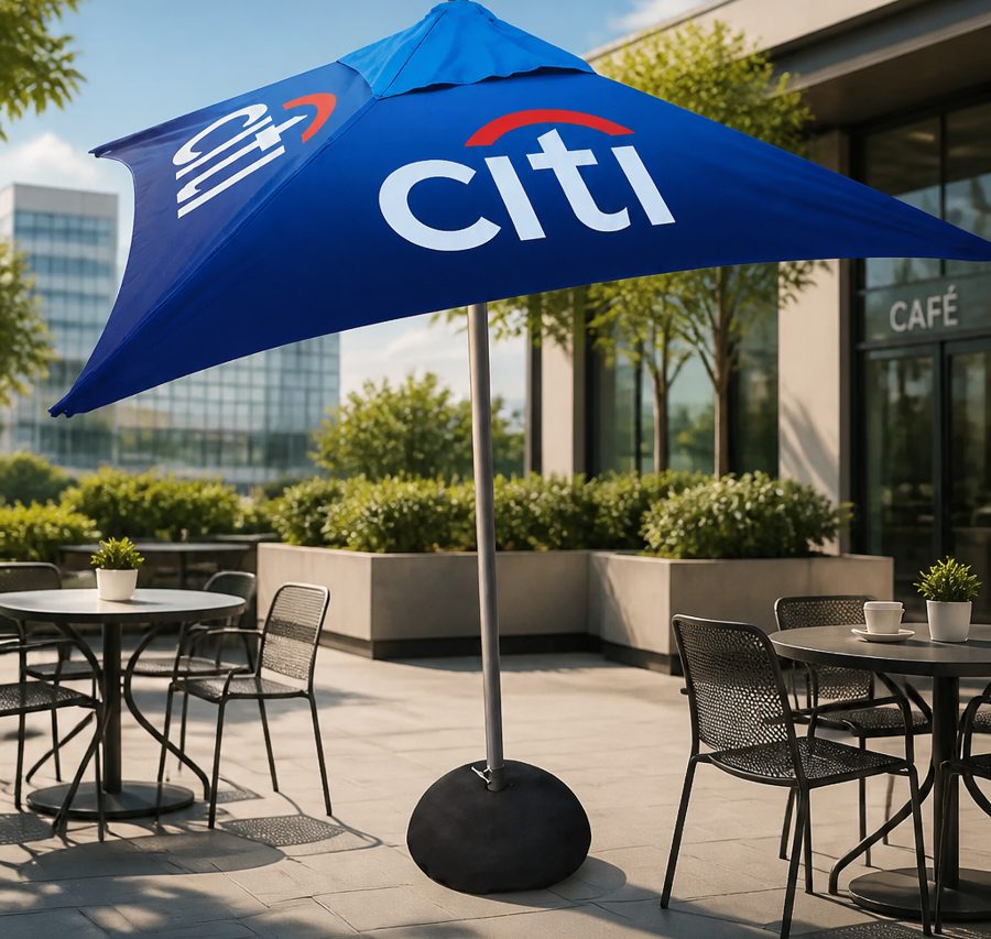 Citi branded cafe umbrella on an outdoor terrace