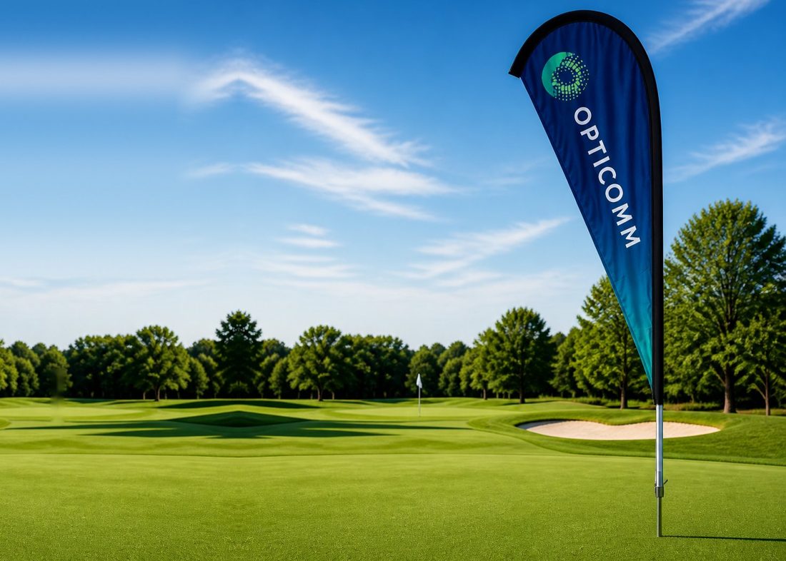 Opticomm teardrop flag on a golf course