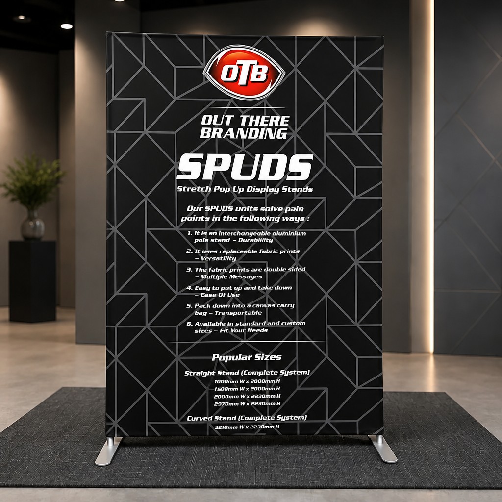 Out There Branding SPUDS Stretch Pop Up Display Stand showing features and popular sizes