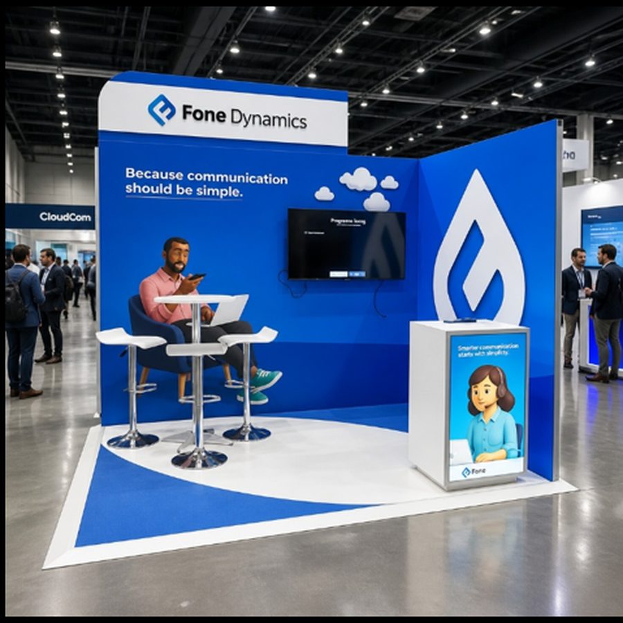 Fone Dynamics exhibition stand with meeting table and screen