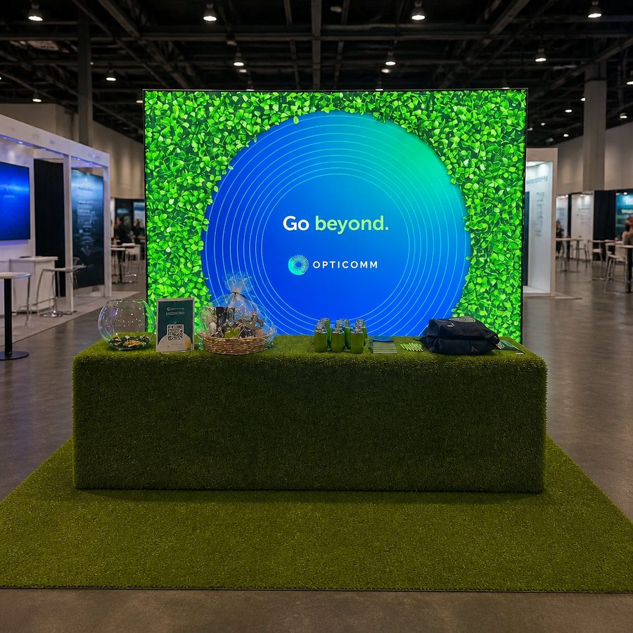 Opticomm FABriX Backlit exhibition stand with grass covered counter